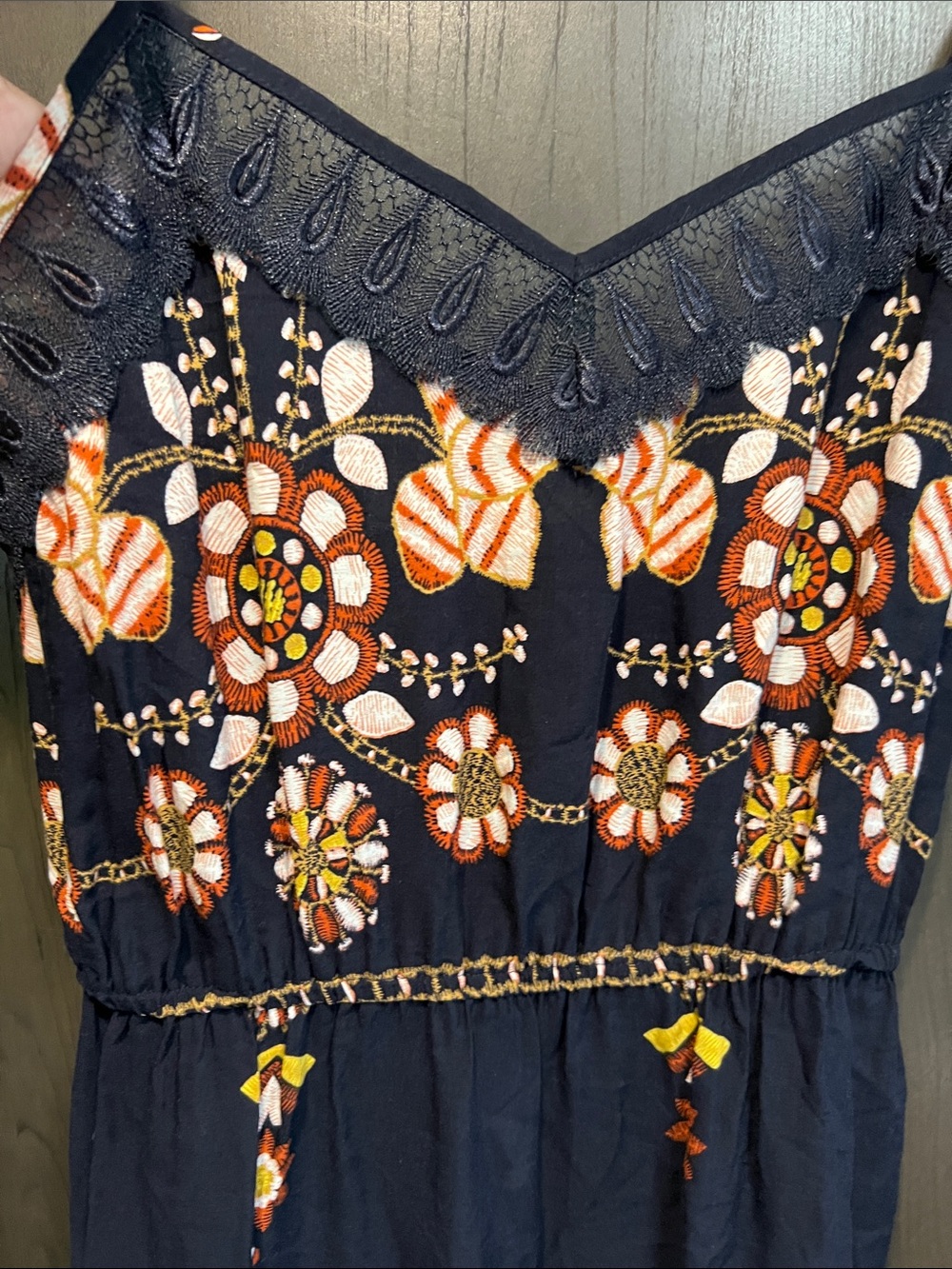 Molly Bracken Navy Maxi Dress with Orange, White & Yellow Floral Embroidery Lace